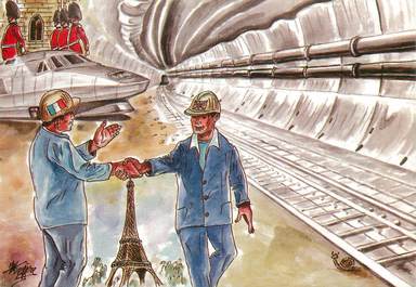  CPSM  ILLUSTRATEUR MEDERIC "le tunnel ferroviaire sous la manche"