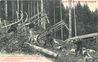 / CPA FRANCE 88 "Forêt de l'Urson, les schlitteurs gravissant la montagne"