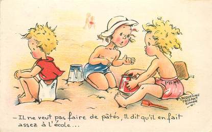 CPA ILLUSTRATEUR FAIZANT Jacqueline "Il ne veut pas faire de pâtés, il dit qu'il en fait assez à l'école"