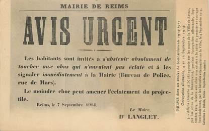 / CPA FRANCE 51 "Ville de Reims, avis urgent"