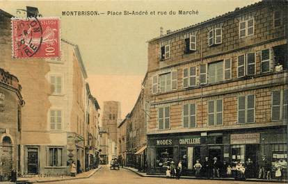 CPA FRANCE 42 "Montbrison, Place Saint André et rue du Marché" / CARTE TOILÉE 