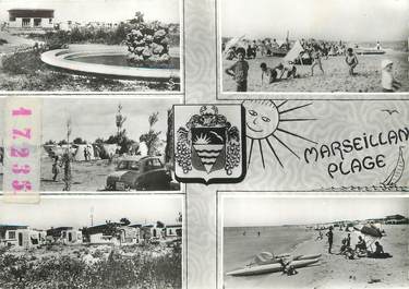 / CPSM FRANCE 34 "Marseillan plage, le bassin, la plage et se plaisirs, le camping, les bungalow"