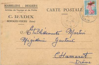 / CPSM FRANCE 38 "Montalieu Vercieu, C. Radix" / BOURRELLERIE DROGUERIE /  CARTE PUBLICITAIRE