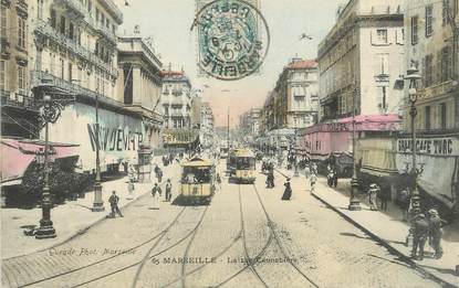 / CPA FRANCE 13 "Marseille, la rue Cannebière" / TRAMWAY / TIMBRE PERFORE