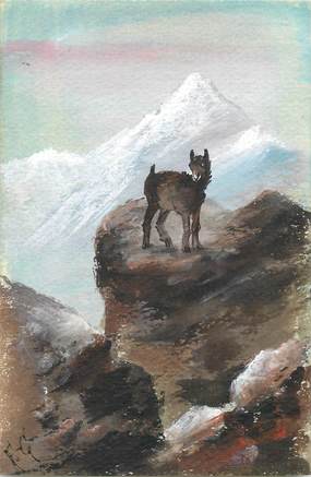 CPA CARTE PEINTE "Chamois dans la montagne"