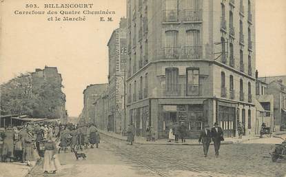 / CPA FRANCE 92 "Boulogne Billancourt, carrefour des quatre cheminées, et le marché"