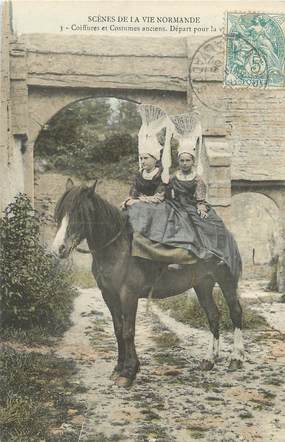 / CPA FRANCE 14 "Scènes de la vie normande, coiffures et costumes anciens" / FOLKLORE / CHEVAL