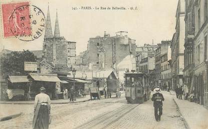   CPA FRANCE 75019  "Paris, la rue de Belleville" / TRAMWAY