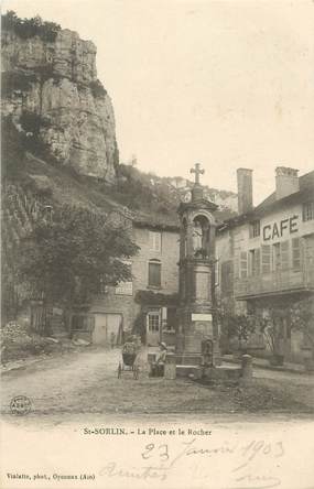 / CPA FRANCE 01 "Saint Sorlin, la place et le rocher"