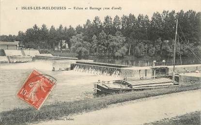 / CPA FRANCE 77 "Isles Les Meldeuses, écluse et barrage" / PENICHE