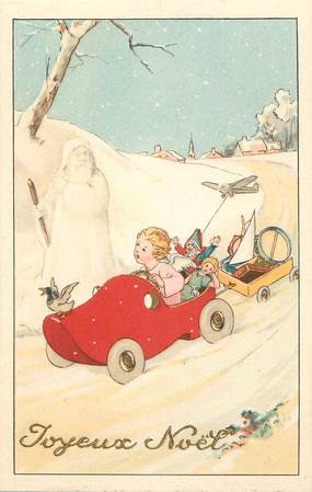 CPA ANGE "Joyeux Noël" / Enfant ange en voiture  / POUPÉE / JOUET / OURS EN PELUCHE