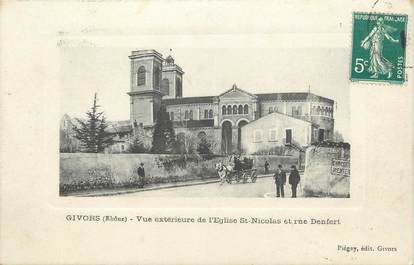 .CPA FRANCE 69 " Givors, Vue extérieure de l'église St Nicolas et rue Denfert"