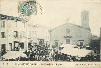 .CPA  FRANCE 69 "Soucieu en Jarez, Le marché et l'église"