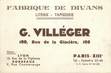 Carte de Visite  FRANCE 75013 "Paris, Fabrique de Divans, Literie Tapisserie, Pr. VILLEGER, rue de la Glacière"