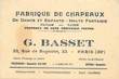 Carte de Visite  FRANCE 75020 "Paris, Fabrique de Chapeaux, Pr. G. BASSET, rue de Bagnolet"
