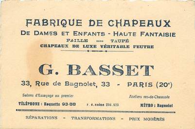 Carte de Visite  FRANCE 75020 "Paris, Fabrique de Chapeaux, Pr. G. BASSET, rue de Bagnolet"