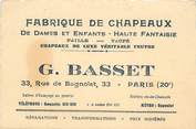 75 Pari Carte de Visite  FRANCE 75020 "Paris, Fabrique de Chapeaux, Pr. G. BASSET, rue de Bagnolet"