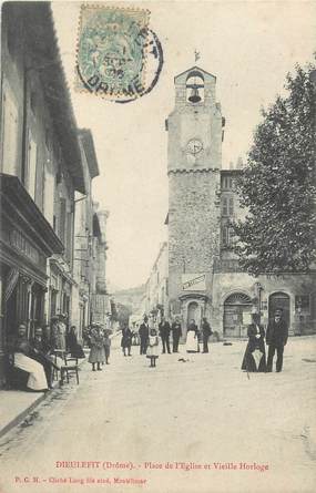 .CPA FRANCE 26 "Dieulefit, Place de l'église et vieille horloge"