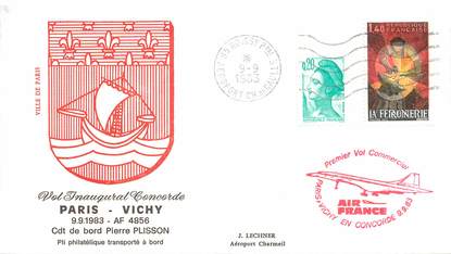 LETTRE 1 ER VOL DU CONCORDE "Paris / Vichy, 9 septembre 1983, commandant de bord: Pierre PLISSON"