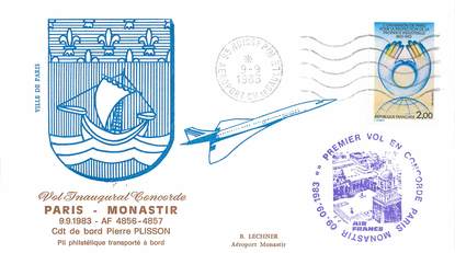 LETTRE 1 ER VOL DU CONCORDE "Paris / Monastir, 9 septembre 1983, commandant de bord: Pierre PLISSON"