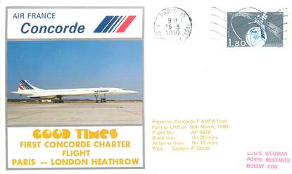 LETTRE 1 ER VOL DU CONCORDE "Paris / Londres, 16 mars 1980, Commandant de Bord: P. CONTE"