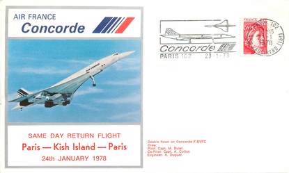 LETTRE 1 ER VOL DU CONCORDE "Paris / Kish Island 1978, Commandant de Bord A. COLLOC"