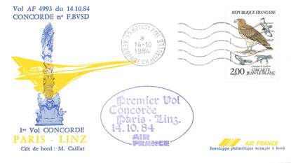 LETTRE 1 ER VOL DU CONCORDE "Paris / Linz, 14 octobre 1984, Commandant de Bord: M. CAILLAT"