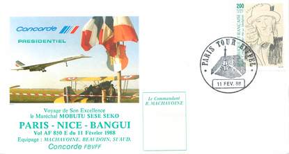 LETTRE 1 ER VOL DU CONCORDE "Paris / Nice / Bangui, 11 février 1988"
