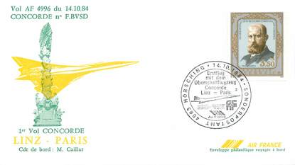 LETTRE 1 ER VOL DU CONCORDE "Linz / Paris, 14 octobre 1984, Commandant de Bord: M. CAILLAT"