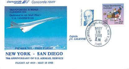 LETTRE 1 ER VOL DU CONCORDE "New York / San Diego, 18 mai 1988, commandant de Bord: JC LALANNE"