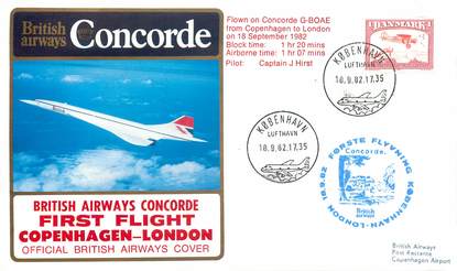 LETTRE 1 ER VOL DU CONCORDE "Copenhague / Londres, 18 septembre 1982, Commandant de Bord: J. HIRST"