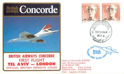 LETTRE 1 ER VOL DU CONCORDE "Tel Aviv / Londres, 29 mars 1984, Commandant de Bord: D. COOK"