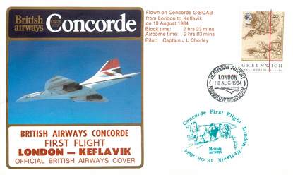 LETTRE 1 ER VOL DU CONCORDE "Londres / Keflavik, 18 aout 194, commandant de Bord: L. CHORLEY"