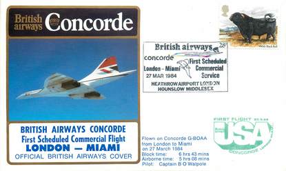 LETTRE 1 ER VOL DU CONCORDE "Londres / Miami, 27 mars 1984, commandant de Bord: O. WALPOLE"