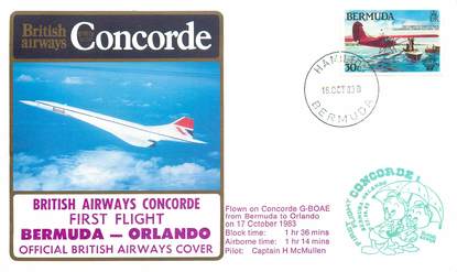 LETTRE 1 ER VOL DU CONCORDE "Bermudes / Orlando, 17 octobre 1983, Commandant de Bord Mc MULLEN"