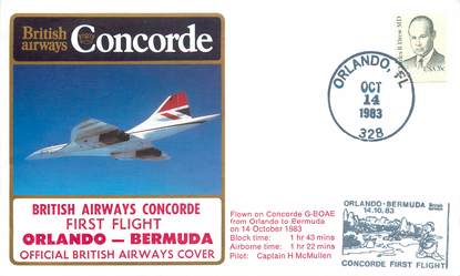 LETTRE 1 ER VOL DU CONCORDE "Orlando / Bermudes, 14 octobre 1983, Commandant de Bord: Mc MULLEN"