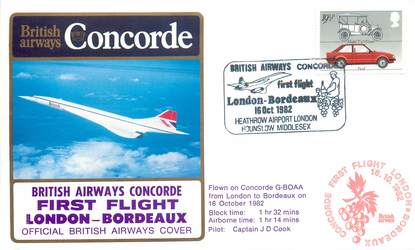 LETTRE 1 ER VOL DU CONCORDE "Londres / Bordeaux, 16 octobre 1982, Commandant de Bord: D. COOK"