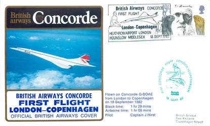 LETTRE 1 ER VOL DU CONCORDE "Londres / Copenhague, 18 septembre 1982, commandant de Bord HIRST"