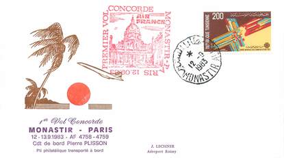 LETTRE 1 ER VOL DU CONCORDE "Monastir / Paris, 13 septembre 1983, Commandant de Bord: Pierre PLISSON"