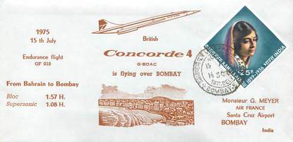 LETTRE 1 ER VOL DU CONCORDE "Bahrain / Bombay, 15 juillet 1975"