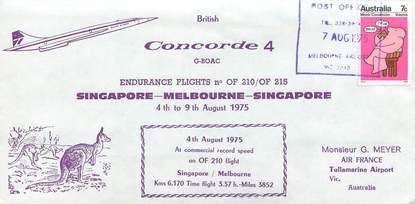 LETTRE 1 ER VOL DU CONCORDE "Singapour / Melbourne / Singapour, 4 au 9 aout 1975"