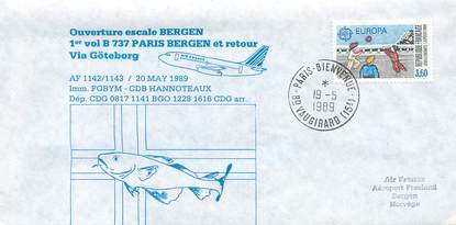 LETTRE 1 ER VOL FRANCE "Paris / Bergen, BOEING 737, 20 mai 1989"