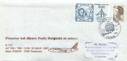 LETTRE 1 ER VOL FRANCE "Paris / Helsinki, 30 mars 1987 / BOEING 737"