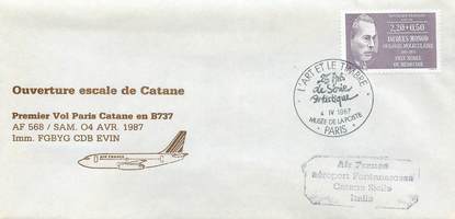 LETTRE 1 ER VOL FRANCE "Paris / Catane, 4 avril 1987, BOEING 737"