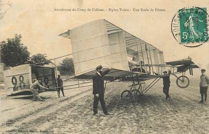 CPA FRANCE 51 "Aérodrome du Camp de Châlons, biplan Voisin, Ecole de pilotes" / AVIATION