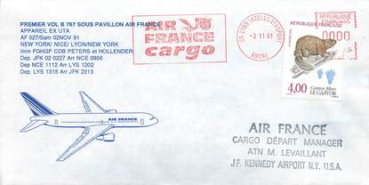 LETTRE 1 ER VOL / FRANCE "New York / Nice / Lyon / New York, 2 novembre 1991"