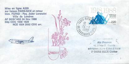 LETTRE 1 ER VOL / FRANCE "Paris / Nice, 24 novembre 1988, A320"