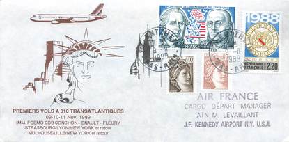 LETTRE 1 ER VOL / FRANCE "Strasbourg / Lyon / New York, 9, 10, 11 novembre 1989"