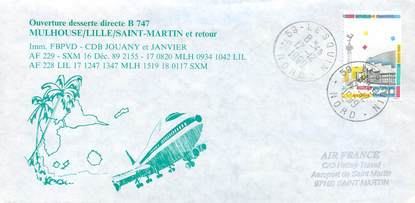 LETTRE 1 ER VOL / FRANCE "Mulhouse / Lille / Saint Martin, 16 décembre 1989, BOEING 747"