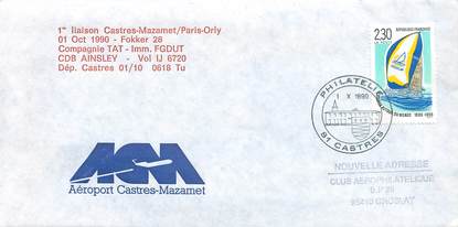 LETTRE 1 ER VOL / FRANCE "Castres Mazamet / Paris Orly, 1er octobre 1990"